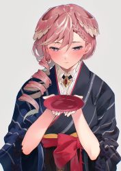 Rule 34 | 1girl, absurdres, black kimono, blue kimono, blush, braid, closed mouth, cup, curly hair, drill hair, earrings, facing viewer, hair between eyes, hair over shoulder, hands up, head wings, highres, holding, holding cup, hololive, japanese clothes, jewelry, kimono, koubou (cowbow kun), long hair, looking down, multicolored hair, pink hair, sakazuki, simple background, solo, sweat, takane lui, takane lui (new year), upper body, virtual youtuber, white hair, wide sleeves, wings