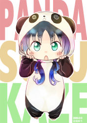 Rule 34 | animal costume, barefoot, blue hair, dated, english text, full body, green eyes, hinata yuu, kantai collection, low twintails, panda costume, solo, suzukaze (kancolle), text background, twintails, white background