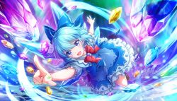 Rule 34 | 1girl, adapted costume, artist request, blue bow, blue eyes, blue hair, blue skirt, blue vest, blush, bow, brown footwear, cirno, fairy, frilled skirt, frilled sleeves, frills, hair between eyes, hair bow, highres, ice, ice wings, official art, open mouth, shirt, shoes, short hair, short sleeves, skirt, smile, solo, touhou, touhou danmaku kagura, vest, white shirt, wings