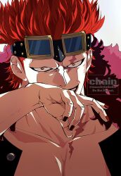 Rule 34 | 1boy, anarchyintheek, artist name, collarbone, commentary, english commentary, english text, eustass kid, goggles, goggles on head, highres, looking at viewer, male focus, nail polish, one piece, open mouth, orange eyes, red hair, red nails, scar, scar across eye, scar on face, short hair, smile, solo, teeth, twitter username