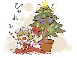 Rule 34 | &gt; &lt;, 1girl, ascot, bad id, bad pixiv id, christmas tree, crying, closed eyes, fang, female focus, flandre scarlet, flying teardrops, glowing, glowing wings, hat, hat ribbon, mob cap, open mouth, puffy sleeves, ribbon, shinnjugokko, shirt, short sleeves, side ponytail, sitting, skirt, skirt set, solo, star (symbol), tears, touhou, v arms, vest, wings