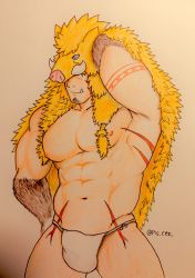 Rule 34 | 1boy, abs, absurdres, animal hood, bara, bare pectorals, boar hood, body fur, bulge, facial hair, fang, forked eyebrows, fundoshi, goatee, gullinbursti (housamo), highres, hood, japanese clothes, large pectorals, looking at viewer, male focus, male underwear, mature male, muscular, muscular male, navel, nipples, pectorals, pisukesu (pis ces), revealing clothes, short hair, smile, solo, stomach, thick thighs, thighs, tokyo houkago summoners, traditional media, underwear, white male underwear