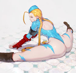 Rule 34 | 1girl, ahoge, ass, back cutout, blonde hair, blue eyes, boots, braid, brown footwear, cammy white, camouflage, closed mouth, clothing cutout, commentary request, from behind, garrison cap, gloves, hat, highleg, highleg leotard, highres, knee boots, leotard, lips, long sleeves, looking at viewer, red gloves, ribbed leotard, scar, scar on face, shadaloo dolls, shiny clothes, shiny skin, shuichi wada, simple background, solo, split, street fighter, street fighter zero (series), thighs, twin braids, twintails