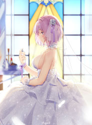 Rule 34 | 1girl, alternate costume, blush, breasts, bridal veil, bride, church, dress, fate/grand order, fate (series), gloves, highres, indoors, jewelry, lace, lace gloves, large breasts, mash kyrielight, maya g, profile, purple eyes, purple hair, ring, see-through, smile, solo, veil, wedding dress, wedding ring, white dress