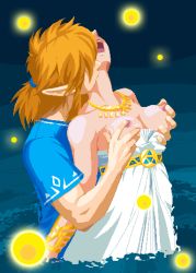 Rule 34 | 1boy, 1girl, bare shoulders, breasts, breasts out, brown hair, couple, dress, elf, grabbing, grabbing from behind, hand on breasts, head back, hetero, jewelry, kiss, kiss on neck, link, medium breasts, moaning, neck, necklace, nintendo, nipples, open mouth, pointy ears, princess zelda, sexually suggestive, standing, strapless, strapless dress, the legend of zelda, the legend of zelda: breath of the wild, triforce, tunic, water, white dress