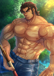 Rule 34 | 1boy, abs, absurdres, bara, bare pectorals, facial hair, gachimuchi, highres, kageru (mofnyan), large pectorals, male focus, mature male, muscular, muscular male, no shirt, old, old man, original, pants, pectorals, solo, topless male