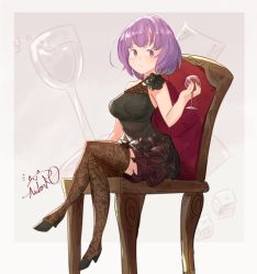 Rule 34 | aidenr0, alcohol, bare shoulders, black shirt, chair, cup, drinking, drinking glass, holding, holding drinking glass, leaning forward, crossed legs, purple eyes, purple hair, shirt, signature, sitting, skirt, wine, wine glass