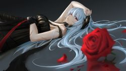 Rule 34 | 1girl, absurdres, anming, bare shoulders, black dress, blood, blood on face, blue hair, breasts, dress, flower, girls&#039; frontline, hand on own head, highres, jewelry, long hair, looking at viewer, lying, necklace, official alternate costume, red eyes, red ribbon, ribbon, rose, thunder (black swan&#039;s dream) (girls&#039; frontline), thunder (girls&#039; frontline)