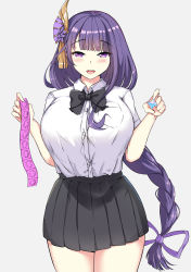 Rule 34 | 1girl, :d, absurdly long hair, absurdres, alternate costume, black skirt, blunt bangs, blush, bow, bowtie, braid, breast pocket, breasts, button gap, collared shirt, commentary request, condom, condom packet strip, condom wrapper, contemporary, dual wielding, genshin impact, hair bow, hair ornament, hair ribbon, highres, holding, large breasts, line4x, long hair, looking at viewer, low-braided long hair, low-tied long hair, low ponytail, md5 mismatch, open mouth, pleated skirt, pocket, primogem, purple eyes, purple hair, raiden shogun, resolution mismatch, ribbon, school uniform, shirt, short sleeves, sidelocks, simple background, single braid, skirt, smile, solo, source smaller, tented shirt, very long hair, white shirt