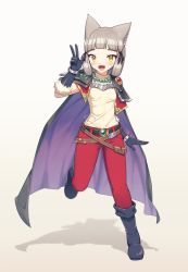 Rule 34 | 1girl, absurdres, alten, animal ears, armor, blunt bangs, blush, cape, cat ears, cosplay, female focus, flat chest, full body, grey hair, headband, highres, lina inverse, lina inverse (cosplay), looking at viewer, nia (xenoblade), pauldrons, short hair, shoulder armor, simple background, slayers, smile, solo, white background, xenoblade chronicles (series), xenoblade chronicles 2, yellow eyes