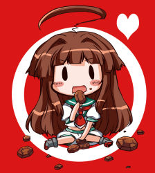 Rule 34 | 10s, 1girl, ahoge, bauxite, blush stickers, brown hair, chibi, drooling, eating, futami yayoi, heart, kantai collection, kuma (kancolle), long hair, open mouth, personification, sitting, solo