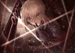 Rule 34 | 1girl, armor, artoria pendragon (all), artoria pendragon (fate), black armor, black dress, black gloves, blonde hair, dress, fate/grand order, fate (series), finger to mouth, from below, glint, gloves, hair between eyes, hair bun, highres, holding, holding sword, holding weapon, ru 251, saber alter, sidelocks, single hair bun, sword, weapon, yellow eyes