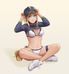 Rule 34 | 1girl, absurdres, ahoge, artoria pendragon (fate), baseball cap, bikini, blonde hair, blue eyes, breasts, fate/grand order, fate (series), full body, hair through headwear, hat, highres, indian style, long hair, looking at viewer, medium breasts, mysterious heroine x (fate), mysterious heroine xx (fate), navel, sebyxtan, shoes, shrug (clothing), sitting, smile, sneakers, solo, swimsuit, thigh strap, white bikini, white footwear
