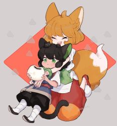 Rule 34 | 1boy, 1girl, animal ears, black footwear, black pants, bracelet, cat ears, cat tail, child, closed eyes, eating, food, food request, fox ears, fox tail, green eyes, height difference, hug, hug from behind, jewelry, l hakase, luo xiaohei, luo xiaohei (human), luo xiaohei zhanji, open mouth, pants, red footwear, red pants, ruoshui (the legend of luoxiaohei), short sleeves, smile, tail
