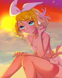 Rule 34 | 00s, 1girl, aqua eyes, arm tattoo, bare legs, bare shoulders, beach, bead bracelet, beads, blonde hair, blush, bow, bracelet, breasts, collar, dress, dress bow, flipped hair, hair bow, hair ornament, tucking hair, hairclip, half-closed eyes, hand on own knee, jewelry, kagamine rin, kawahara chisato, looking at viewer, nail polish, ocean, red sky, short hair, sitting, sky, small breasts, smile, solo, sparkle, star (sky), sun, sundress, sunset, tattoo, treble clef, twilight, vocaloid, water, yellow nails