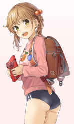 Rule 34 | 1girl, :d, ass, backpack, bad id, bad pixiv id, bag, blush, brown hair, buruma, cowboy shot, from side, gift, gradient background, hair bobbles, hair ornament, heart, heart print, holding, holding gift, looking at viewer, looking back, open mouth, original, randoseru, sidelocks, smile, solo, standing, sweater, teeth, thighs, twintails, wavy hair, yellow eyes, yoropa