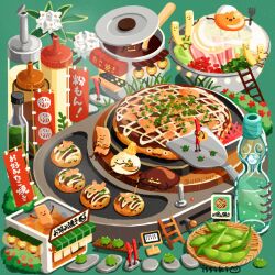 Rule 34 | bottle, bowl, building, cooking pot, egg (food), flower, food, food focus, frog, issiki toaki, ladder, lantern, no humans, okonomiyaki, original, paper lantern, pea pod, plate, takoyaki, tray