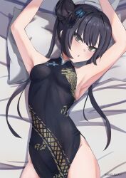 Rule 34 | 1girl, :o, absurdres, armpits, arms up, bed sheet, black dress, blue archive, breasts, butterfly hair ornament, china dress, chinese clothes, dragon print, dress, grey eyes, hair bun, hair ornament, highres, kisaki (blue archive), lavriell, long hair, looking at viewer, lying, on back, open mouth, pelvic curtain, pillow, print dress, side slit, sleeveless, sleeveless dress, small breasts, solo, taut clothes, taut dress, twintails
