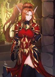 Rule 34 | 1girl, absurdres, armor, belt, black gloves, black thighhighs, blood elf (warcraft), breasts, brown hair, closed mouth, colored sclera, distr, dress, faulds, gloves, hand up, highres, large breasts, long eyebrows, looking at viewer, original, pauldrons, pointy ears, pompadour, ponytail, red dress, shoulder armor, signature, smile, solo, thighhighs, warcraft, world of warcraft, yellow eyes, yellow sclera