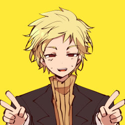 Rule 34 | 1boy, atou haruki, black jacket, blonde hair, branch, jacket, lark ruby, looking at viewer, male focus, open mouth, outstretched hand, portrait, red eyes, saibou shinkyoku, short bangs, short hair, smile, solo, sweater, tree, turtleneck, turtleneck sweater, v, yellow background, yellow sweater