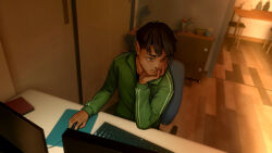 Rule 34 | 1boy, as109, at computer, brown eyes, brown hair, chair, closed mouth, computer, desk, elbow rest, facial hair, from above, green jacket, hand on own cheek, hand on own face, head rest, highres, indoors, jacket, keyboard (computer), long sleeves, male focus, monitor, mouse (computer), mousepad (object), office chair, on chair, original, roomscape, short hair, sitting, solo, stubble, swivel chair, track jacket, wooden floor
