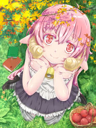 Rule 34 | 1girl, animal ears, basket, bell, book, collar, dress, food, from above, fruit, grass, horns, kentarosu7, kneeling, kntrs (knyrs), long hair, looking at viewer, looking up, neck bell, original, pink eyes, purple eyes, purple hair, red eyes, sheep ears, sheep girl, sheep horns, smile, solo, striped clothes, striped thighhighs, thighhighs