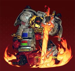 Rule 34 | autobot, fire, flaming sword, flaming weapon, gdtd tf, grimlock, helmet, highres, humanoid robot, insignia, mecha, no humans, red-framed eyewear, red background, robot, science fiction, sword, transformers, transformers: generation 1, weapon