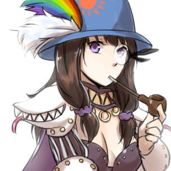 Rule 34 | 1girl, armor, blue hat, breasts, brown hair, cleavage, commentary request, genetic (ragnarok online), hat, holding, holding smoking pipe, living clothes, long hair, looking at viewer, medium breasts, monocle, natsuya (kuttuki), open mouth, pauldrons, pipe in mouth, plume, purple eyes, ragnarok online, rainbow order, rimless eyewear, round eyewear, shoulder armor, sidelocks, simple background, smoking pipe, solo, teeth, tongue, upper body, vambraces, white background, witch hat