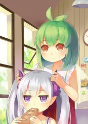Rule 34 | &gt;:/, 2girls, :/, ahoge, borrowed character, bread, brown eyes, crossover, eating, food, green hair, highres, holding, horns, jitome, lino-lin, long hair, mofetousu furuna, multiple girls, original, pointy ears, pomo (lino), pomo (lino-lin), purple eyes, short hair, silver hair, twintails, v-shaped eyebrows