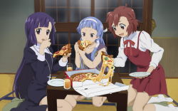 Rule 34 | 00s, 3girls, aoba tsugumi, blue hair, cross, dress, eating, food, highres, holding, jewelry, kannagi, kneeling, licking, licking finger, long hair, looking at viewer, multiple girls, nagi, necklace, official art, official wallpaper, open mouth, pizza, pizza hut, plate, purple eyes, purple hair, red eyes, red hair, short hair, siblings, sisters, sliding doors, zange
