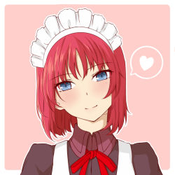Rule 34 | 1girl, blue eyes, closed mouth, head tilt, heart, hisui (tsukihime), looking at viewer, maid, maid headdress, nahoshi0, pink background, pink hair, short hair, simple background, smile, solo, spoken heart, tsukihime, type-moon, upper body