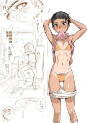 Rule 34 | 1girl, arms up, bikini, black hair, blush, cameltoe, clothes pull, ez6, female focus, flat chest, hair ornament, hairclip, looking at viewer, mouth hold, one-piece tan, orange bikini, original, partially colored, ribs, short hair, short shorts, shorts, shorts pull, solo, swimsuit, tan, tanline, tomboy, very short hair