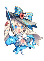 Rule 34 | 1girl, :d, ameshizuku natsuki, blue eyes, blue footwear, carousel, chibi, dress, fate/grand order, fate (series), full body, hair between eyes, light brown hair, long hair, lowres, marie antoinette (fate), marie antoinette (fate/grand order), marie antoinette (swimsuit caster) (fate), marie antoinette (swimsuit caster) (second ascension) (fate), off-shoulder dress, off shoulder, open mouth, sandals, simple background, sitting, smile, solo, twintails, very long hair, white background, white dress