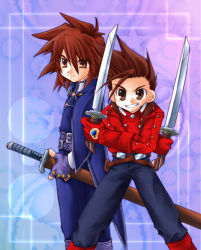 Rule 34 | 00s, age difference, brown eyes, family, father and son, kratos aurion, lloyd irving, short hair, simple background, sword, tales of (series), tales of symphonia, weapon