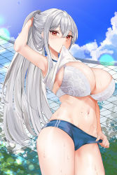 Rule 34 | 1girl, absurdres, armpits, blue buruma, blush, bra, breasts, buruma, buruma pull, cleavage, clothes lift, clothes pull, cloud, fence, hand on own head, highres, huge filesize, large breasts, lillly, long hair, looking at viewer, mole, mole on stomach, mouth hold, navel, original, red eyes, shirt lift, simple background, sky, solo, sweat, underwear, white background, white bra, white hair