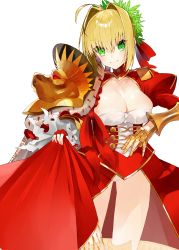 Rule 34 | 10s, 1girl, absurdres, ahoge, armor, blonde hair, braid, breasts, cleavage, clothes lift, dress, epaulettes, fate/extra, fate/grand order, fate (series), fingerless gloves, french braid, gauntlets, gloves, green eyes, hair intakes, highres, kou mashiro, large breasts, leotard, nero claudius (fate), nero claudius (fate) (all), nero claudius (fate/extra), nero claudius (olympian bloomers) (fate), pauldrons, red dress, see-through, shoulder armor, skirt, skirt lift, solo