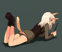 Rule 34 | 10s, 1girl, animal ears, bad id, bad pixiv id, brave witches, butt crack, edytha rossmann, green background, green panties, long hair, lying, military, military uniform, on side, panties, pointer, shibafu (glock23), silver hair, solo, strike witches, tail, underwear, uniform, world witches series