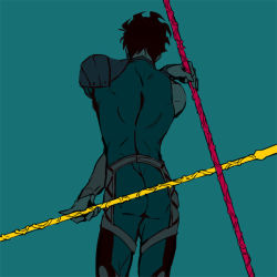 Rule 34 | 1boy, aqua background, ass, bad id, bad pixiv id, black hair, contrapposto, diarmuid ua duibhne (lancer) (fate), dual wielding, fate/zero, fate (series), from behind, gae buidhe (fate), gae dearg (fate), holding, holding weapon, j (onjj), male focus, polearm, simple background, solo, spear, spiked hair, standing, weapon