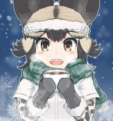 Rule 34 | 1girl, :d, african wild dog (kemono friends), african wild dog print, animal ears, beanie, black hair, black mittens, blonde hair, blush, brown eyes, cup, dog ears, ears through headwear, fangs, fur-trimmed headwear, fur-trimmed mittens, fur trim, green scarf, hat, highres, holding, holding cup, kemono friends, looking at viewer, mittens, multicolored hair, open mouth, outline, plaid, plaid scarf, scarf, short sleeves, smile, snowflakes, solo, steam, upper body, white outline, wonderful waon