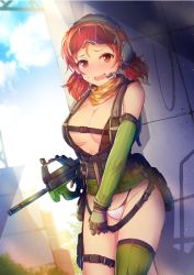 Rule 34 | 10s, 1girl, airsoft, bare shoulders, belt, breasts, brown eyes, bullpup, cleavage, elbow gloves, extended barrel, gloves, gun, headset, idolmaster, idolmaster cinderella girls, kara (color), komatsu ibuki, large breasts, open mouth, orange hair, p90, personal defense weapon, revealing clothes, rifle, single thighhigh, smile, solo, submachine gun, sweatdrop, thighhighs, twintails, underboob, wavy mouth, weapon