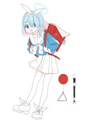 Rule 34 | 1girl, arona (blue archive), backpack, bag, balloon, blue archive, blue eyes, blue hair, blue shirt, blush, bow, bowtie, braid, flute, full body, gomibako (gomibako price), hair bow, hair over one eye, highres, holding strap, instrument, kyoufuu all back (vocaloid), leaning forward, long sleeves, looking at viewer, open mouth, pink hair, pleated skirt, randoseru, recorder, red bag, sailor collar, school uniform, serafuku, shirt, shoes, side braid, simple background, skirt, smile, sneakers, solo, toes up, triangle (instrument), white background, white bow, white sailor collar, white skirt