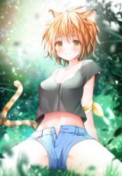 Rule 34 | 1girl, animal ear fluff, animal ears, bad id, bad pixiv id, black shirt, blue shorts, blush, breasts, brown eyes, brown hair, cat ears, cat girl, cat tail, cleavage, closed mouth, crop top, day, denim, denim shorts, hair between eyes, looking at viewer, medium breasts, murano, navel, open clothes, open fly, open shorts, original, outdoors, shirt, short hair, short shorts, short sleeves, shorts, sitting, smile, solo, spread legs, striped tail, tail