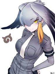 Rule 34 | 10s, 1girl, :&gt;, bad id, bad twitter id, belt, blush, bodystocking, bodysuit, breast pocket, breasts, collar, collared shirt, fingerless gloves, gloves, grey hair, grey legwear, grey shirt, hand on own hip, head wings, japari symbol, kemono friends, long hair, looking at viewer, low ponytail, multicolored hair, necktie, pocket, shirt, shoebill (kemono friends), simple background, smile, solo, solopipb, white background, wings, yellow eyes