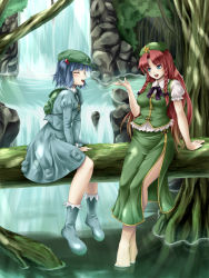 Rule 34 | 2girls, backpack, bad feet, bad id, bad pixiv id, bag, barefoot, blue eyes, boots, china dress, chinese clothes, dress, artistic error, feet, female focus, forest, hair bobbles, hair ornament, hat, highres, hong meiling, kawashiro nitori, legs, long hair, mochi.f, multiple girls, nature, randoseru, red hair, short hair, sitting, smile, soaking feet, toes, touhou, twintails, two side up, water, waterfall