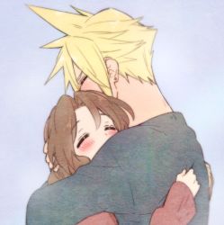 Rule 34 | 1boy, 1girl, aerith gainsborough, alternate costume, hug, arms around neck, blonde hair, blue background, blush, brown hair, brown shirt, closed eyes, cloud strife, earrings, final fantasy, final fantasy vii, final fantasy vii remake, grey shirt, hair between eyes, hair down, holding another&#039;s head, hug, jewelry, krudears, long sleeves, parted bangs, shirt, single earring, spiked hair, square enix, upper body