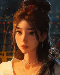 Rule 34 | 1girl, brown eyes, brown hair, commentary, earrings, english commentary, highres, jewelry, linn (sam yang), lips, necklace, original, sam yang, shirt, sword, weapon, white shirt