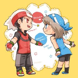 Rule 34 | 1boy, 1girl, :d, bandana, beanie, bike shorts, blue bandana, blue dress, blue eyes, blue footwear, blush, brendan (pokemon), bright pupils, closed mouth, commentary request, creatures (company), dress, fang, fang out, fingerless gloves, game freak, gloves, hat, may (pokemon), nintendo, one eye closed, open mouth, pokemon, pokemon adventures, red eyes, red gloves, shirou (shiro uzr), shoes, short sleeves, sleeveless, sleeveless dress, smile, socks, standing, star (symbol), teeth, tongue, upper teeth only, wavy mouth, white gloves, white headwear, white pupils