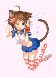 Rule 34 | 1girl, :p, animal ears, bad id, ball, brown hair, capcom, cat ears, cat tail, gd. fengzi, highres, kasugano sakura, one eye closed, short hair, skirt, solo, street fighter, striped clothes, striped thighhighs, tail, thighhighs, tongue, tongue out, wink