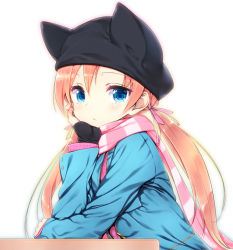 Rule 34 | 1girl, animal hat, blue eyes, blush, cat hat, coat, hat, long hair, looking at viewer, low twintails, orange hair, original, pink scarf, scarf, simple background, solo, striped clothes, striped scarf, tareme, twintails, white background, zizi (zz22)