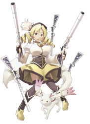 Rule 34 | 10s, 1girl, :3, :o, beret, blonde hair, boots, breasts, brown thighhighs, cowboy boots, detached sleeves, drill hair, dual wielding, fingerless gloves, gloves, gun, hair ornament, hairpin, hat, holding, kyubey, large breasts, magical girl, magical musket, mahou shoujo madoka magica, mahou shoujo madoka magica (anime), patterned legwear, pinstripe pattern, pleated skirt, puffy sleeves, ribbon, rifle, sakura (medilore), simple background, skirt, striped clothes, striped thighhighs, thighhighs, tomoe mami, tomoe mami (magical girl), twin drills, twintails, vertical-striped clothes, vertical-striped thighhighs, weapon, white background, yellow eyes, zettai ryouiki